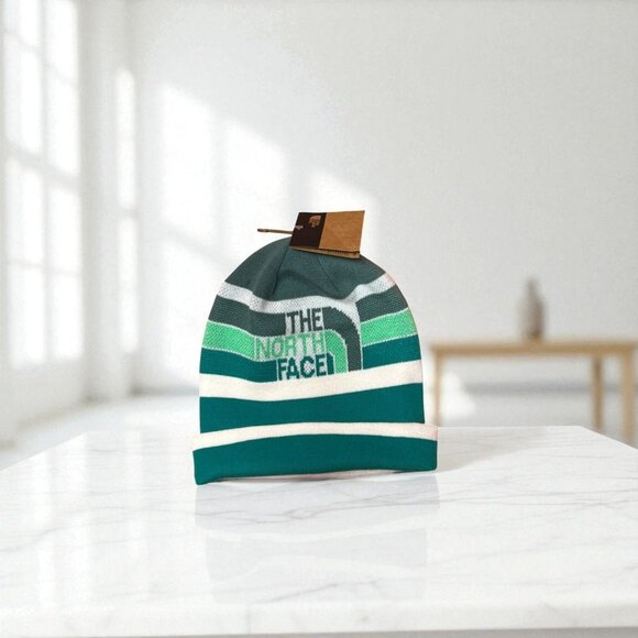 The North Face Retro Logo Beanie Dark Sage Striped Knit One Size Unisex - Picture 1 of 3